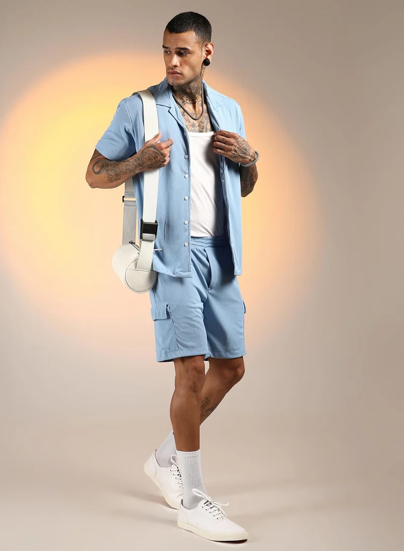 Campus Sutra  Men's Baby Blue Ribbed Utility Co-Ord Set For Casual Wear | Cuban Collar | Short Sleeve | Button Closure | Co-Ords Crafted With Comfort Fit For Everyday Wear for Men | Best Price UAE